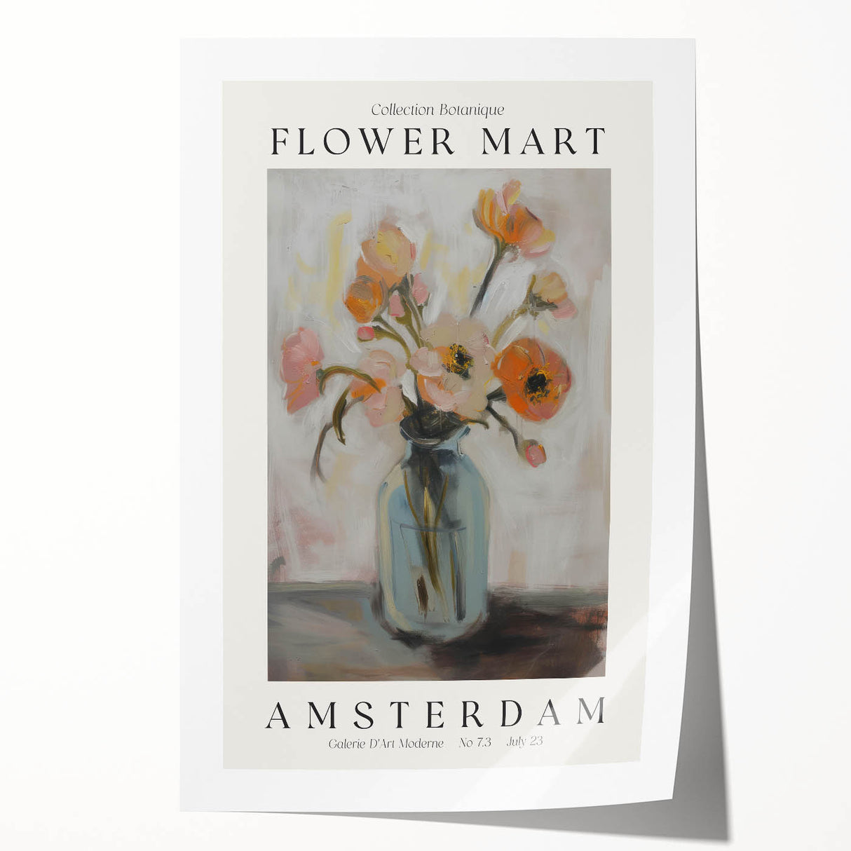 Abstract floral design rolled print featuring vibrant colors of pink, blue, and green, elegantly packaged in a protective cardboard tube for easy storage and display. Perfect for modern home decor enthusiasts.
