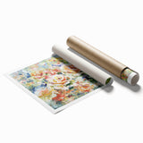 Vibrant abstract floral artwork on rolled canvas, showcasing intricate designs in bold colors like blue and pink, perfect for modern home decor. The print is carefully packaged in a protective cardboard tube, ideal for art enthusiasts and interior designers.
