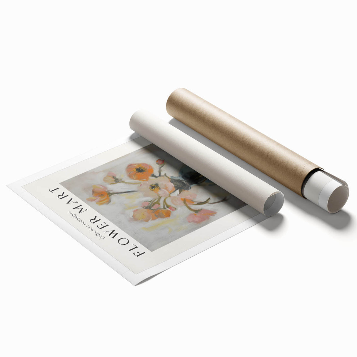 Abstract floral design rolled print featuring vibrant colors of pink, blue, and green, beautifully packaged in a protective cardboard tube for easy display.