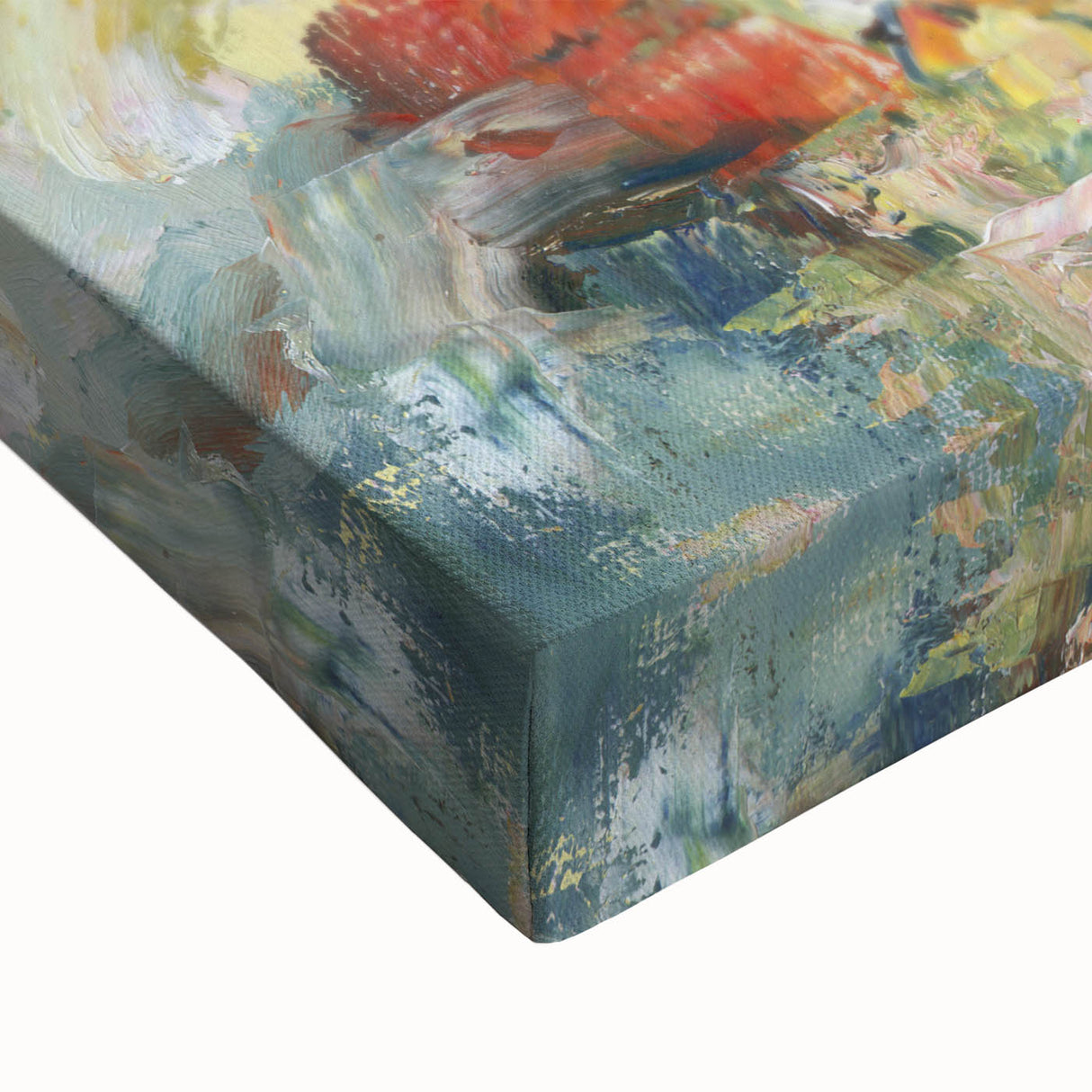 Close-up of an abstract floral stretched canvas artwork featuring vibrant colors like pink and green, showcasing intricate brush strokes and textures, ideal for modern home decor.