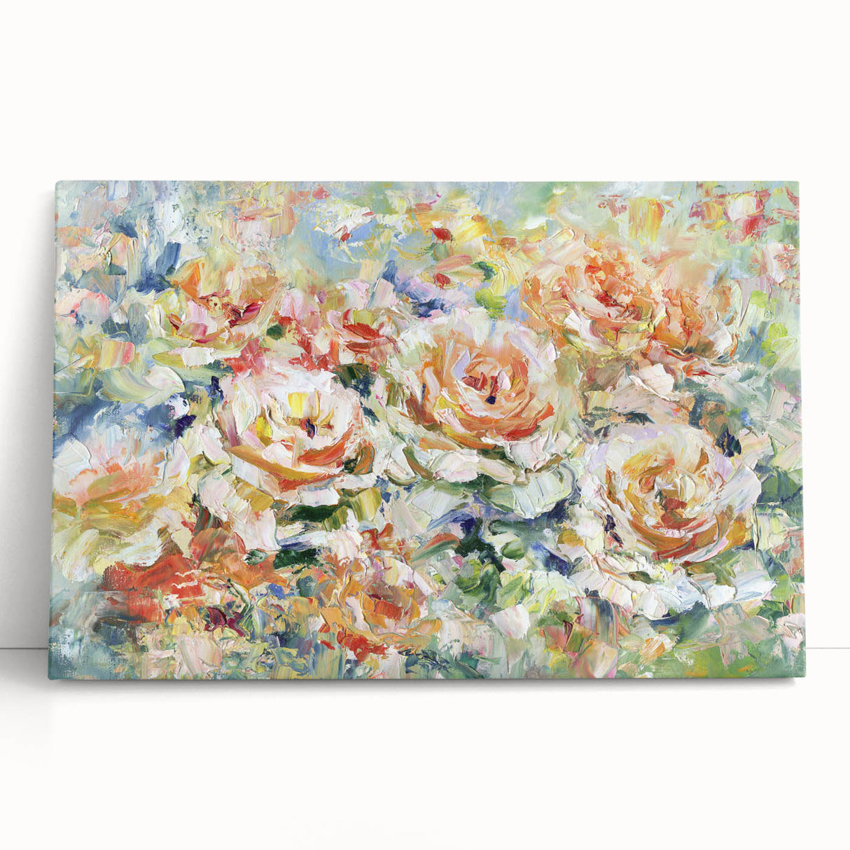 Abstract floral stretched canvas artwork with vibrant colors and intricate designs, leaning against a neutral wall, ideal for home decor enhancement.
