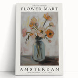 Abstract floral canvas art featuring vibrant colors and dynamic shapes leaning against a stylish wall, perfect for modern home decor. Ideal for enhancing living spaces with a fresh, artistic touch.