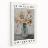 Abstract floral design on stretched canvas, showcasing vibrant colors and intricate patterns, displayed from a side view, perfect for modern home decor.