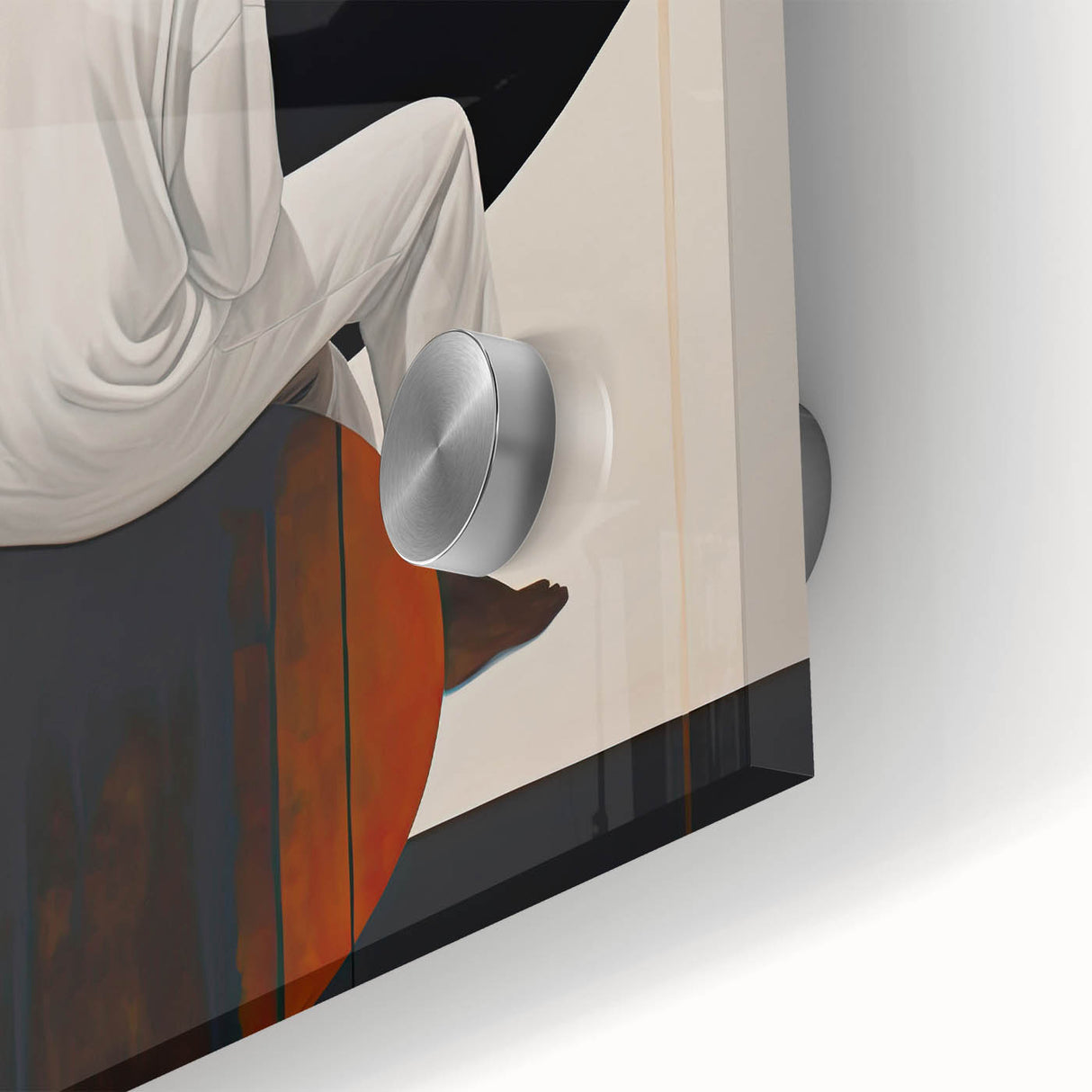 Close-up of an abstract minimalist wall art piece showcasing vibrant colors and geometric shapes, printed on acrylic glass, enhancing modern decor aesthetics.