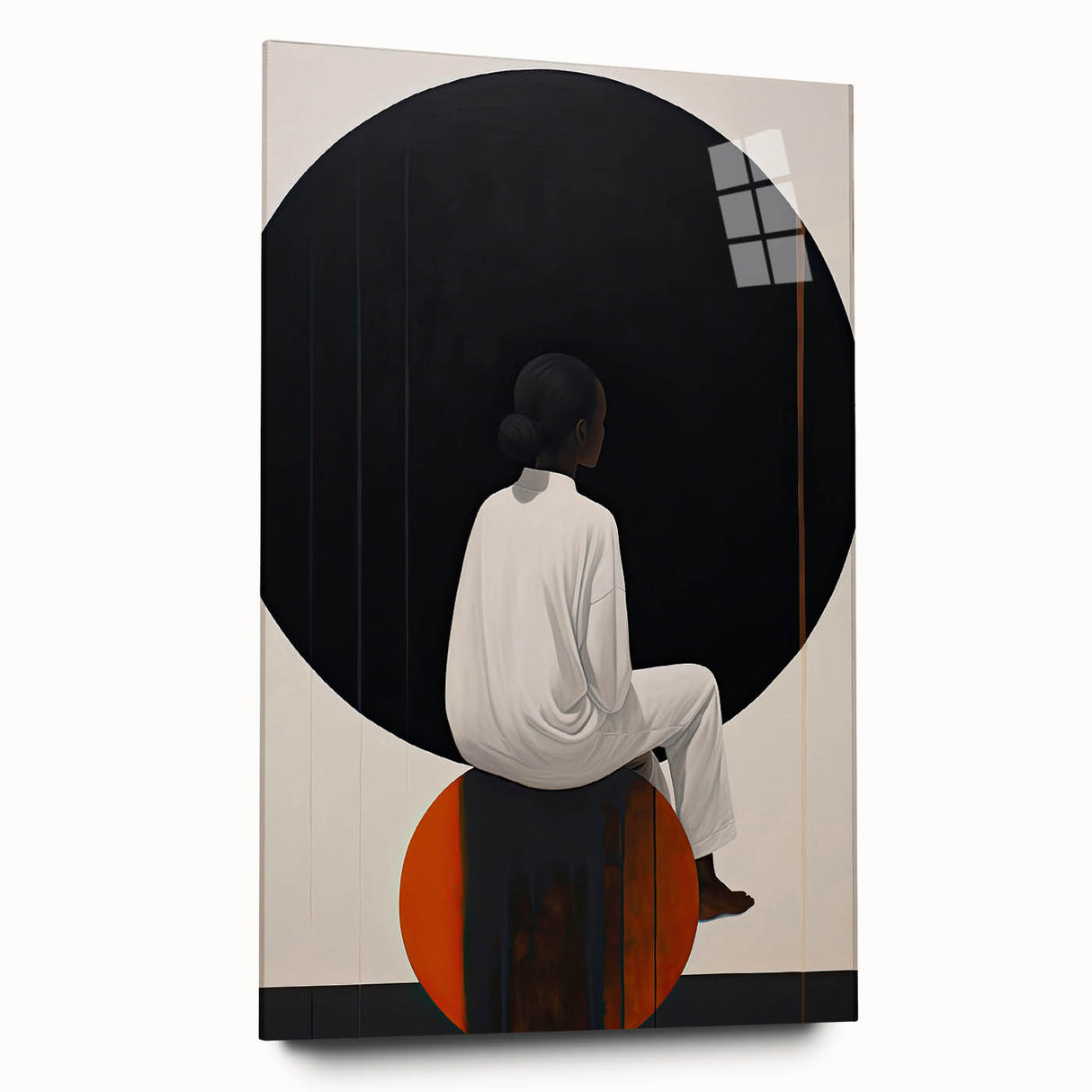 Abstract minimalist wall art design displayed in a side view, showcasing vibrant colors and unique shapes, framed in sleek acrylic glass, perfect for modern decor.