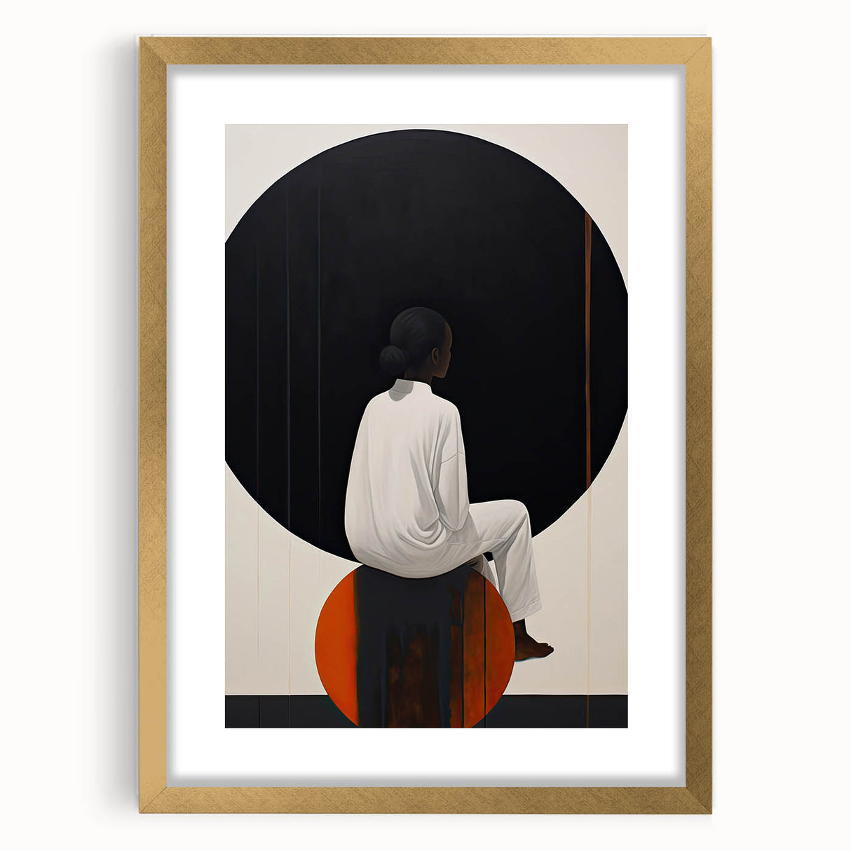 Abstract minimalist wall art framed in gold, featuring a clean design with a white mat, ideal for modern decor and enhancing interior aesthetics.