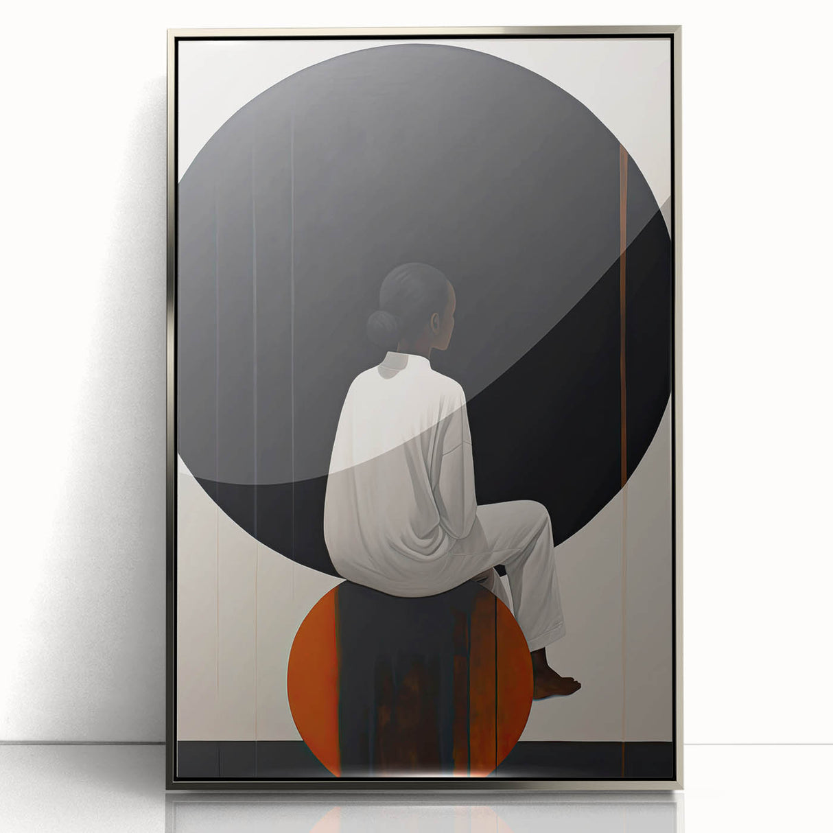 Abstract minimalist wall art featuring a sleek silver frame, showcasing geometric shapes and soft color gradients, perfect for modern decor enhancement.