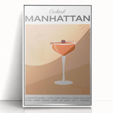 Mid-century modernist art depicting colorful abstract food and drinks on a white framed acrylic.