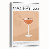 Vintage poster art depicting colorful food and drinks on a white framed canvas, ideal for living room decor.