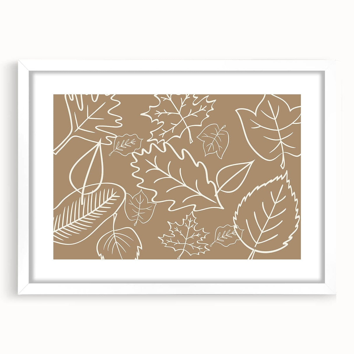 Abstract art print featuring warm autumn hues on a white framed canvas, suitable for bedroom or dining room decor.