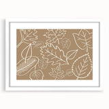 Abstract art print featuring warm autumn hues on a white framed canvas, suitable for bedroom or dining room decor.