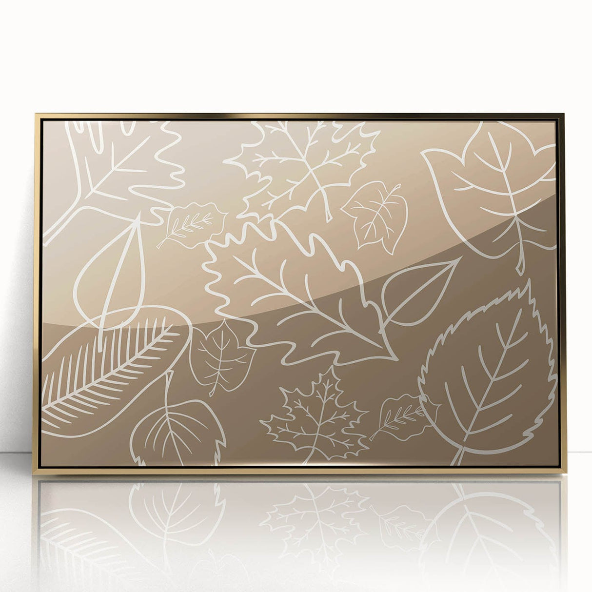 Large art print of a mid-century modernist autumn scene in gold and brown tones, framed acrylic.