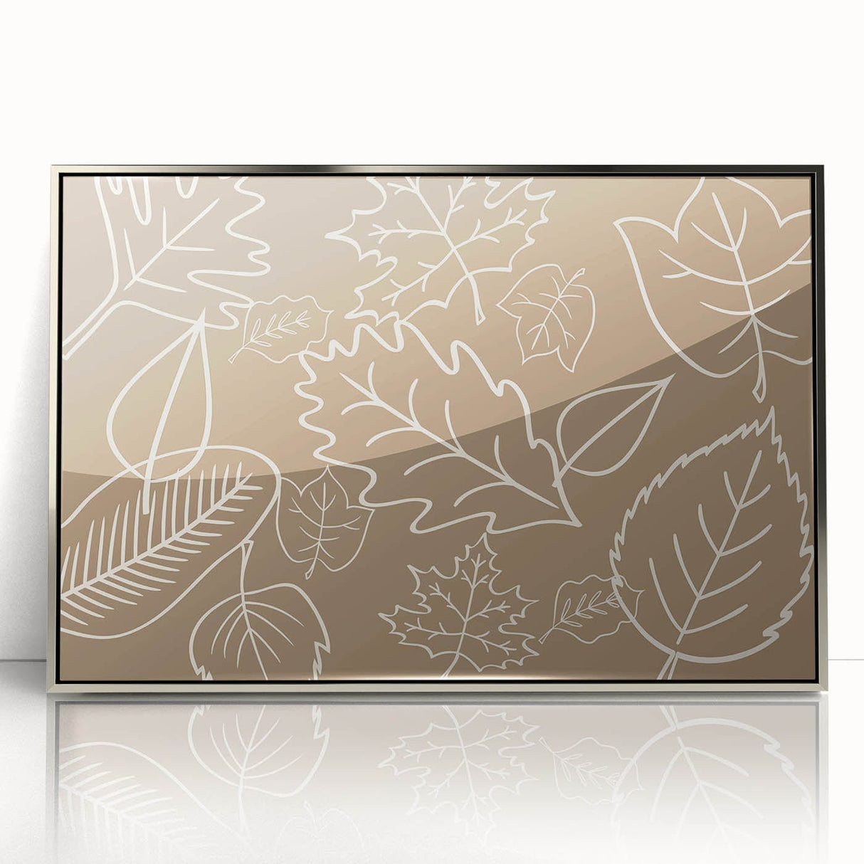 Mid-century modernist art depicting a fall scene with orange and brown tones, framed in silver acrylic.