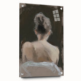 Abstract figurative acrylic artwork displayed on glass, showcasing vibrant colors and dynamic shapes. Side view highlights intricate pin details, ideal for modern decor.