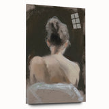 Abstract figurative acrylic artwork displayed in a glass frame, showcasing vibrant colors and dynamic shapes, ideal for modern home decor.