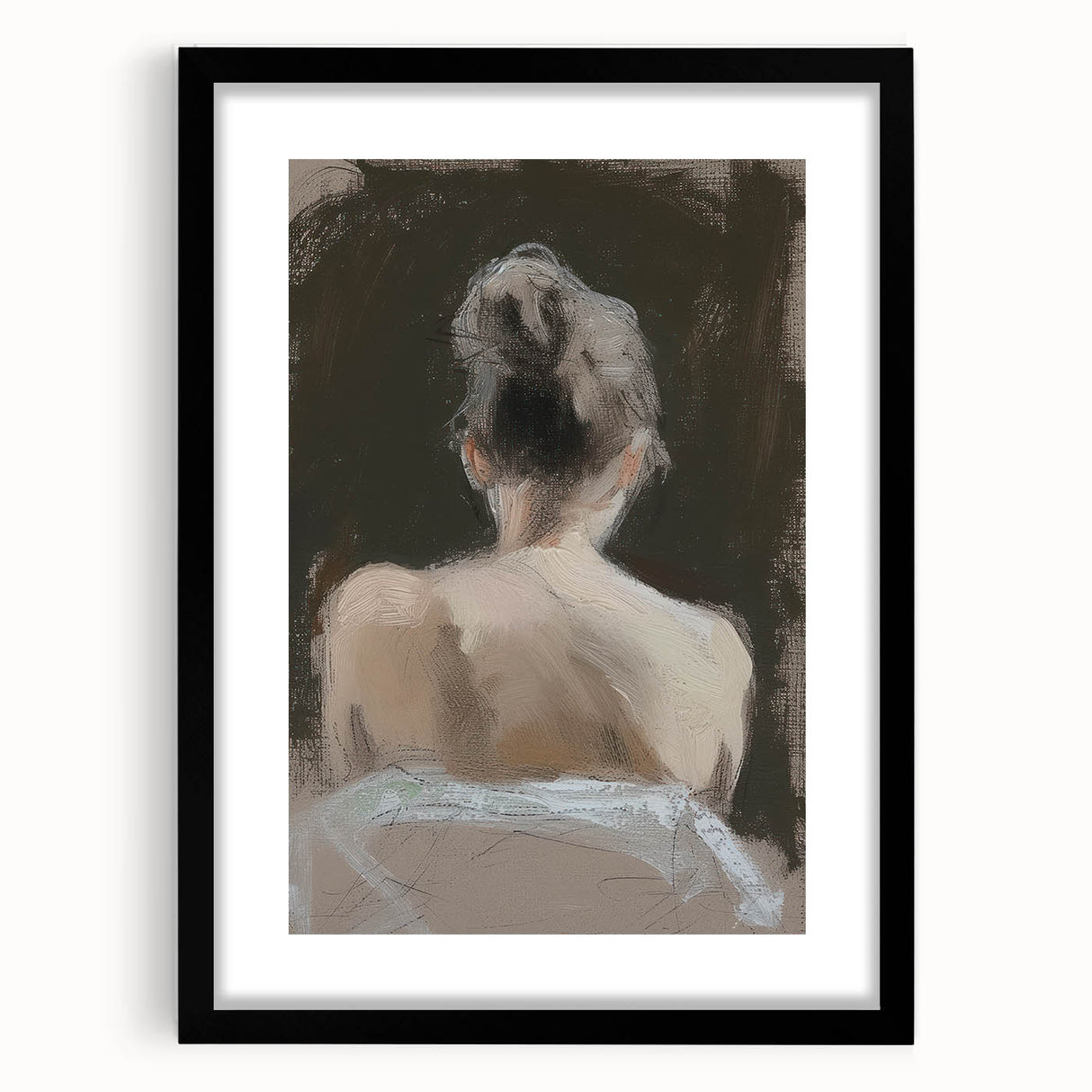Abstract figurative artwork displayed in a sleek black frame, showcasing a dynamic composition with bold colors and intricate patterns, perfect for modern decor.