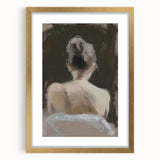 Abstract figurative frame with a matte gold finish, showcasing a modern art piece that blends vibrant colors and unique shapes, perfect for home decor.