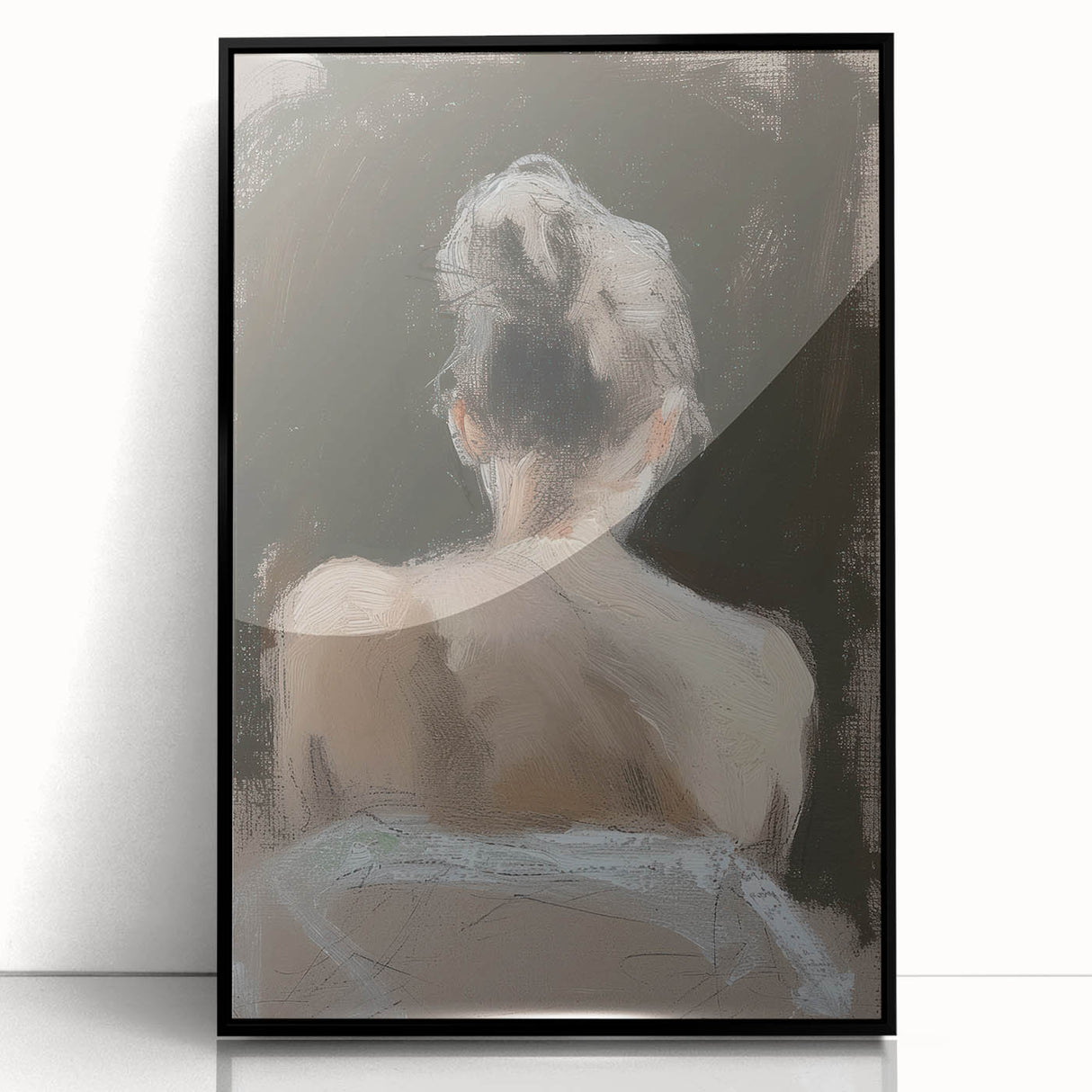 Framed abstract figurative art piece with a black acrylic finish, showcasing vibrant colors and dynamic shapes, perfect for modern home decor.