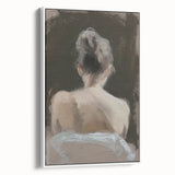 Abstract figurative art on a framed canvas, showcasing dynamic shapes and muted colors, presented in a sleek white frame, perfect for modern home decor.