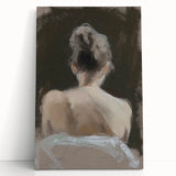 Abstract figurative stretched canvas artwork featuring vibrant colors and dynamic shapes, leaning against a neutral wall, ideal for modern home décor.