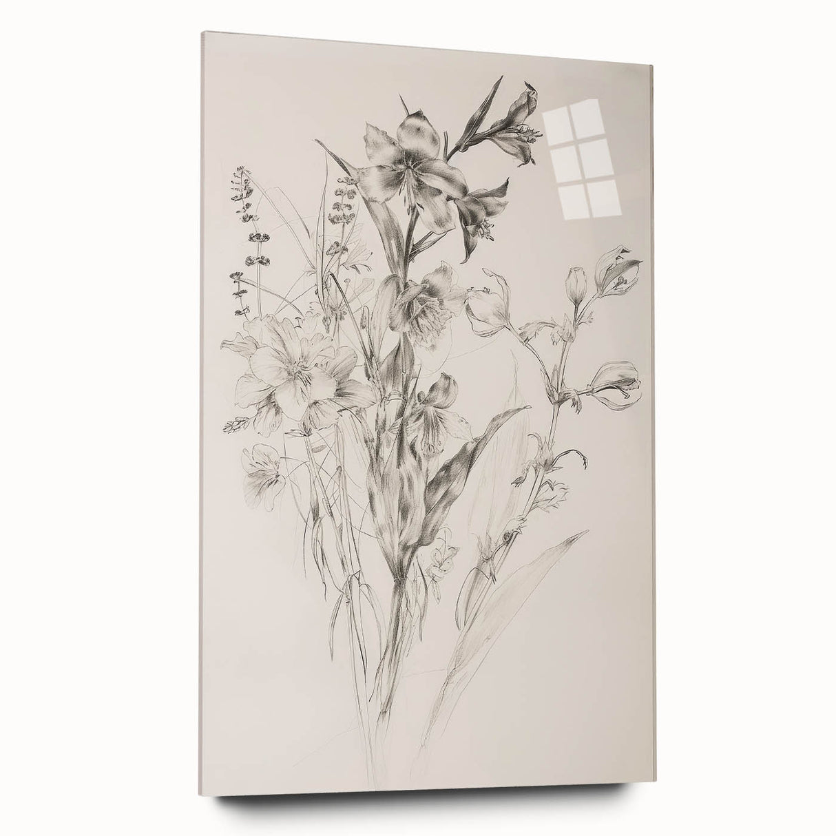 Abstract floral acrylic artwork displayed in a side view, showcasing vibrant colors and intricate patterns on glass, ideal for modern home decor.