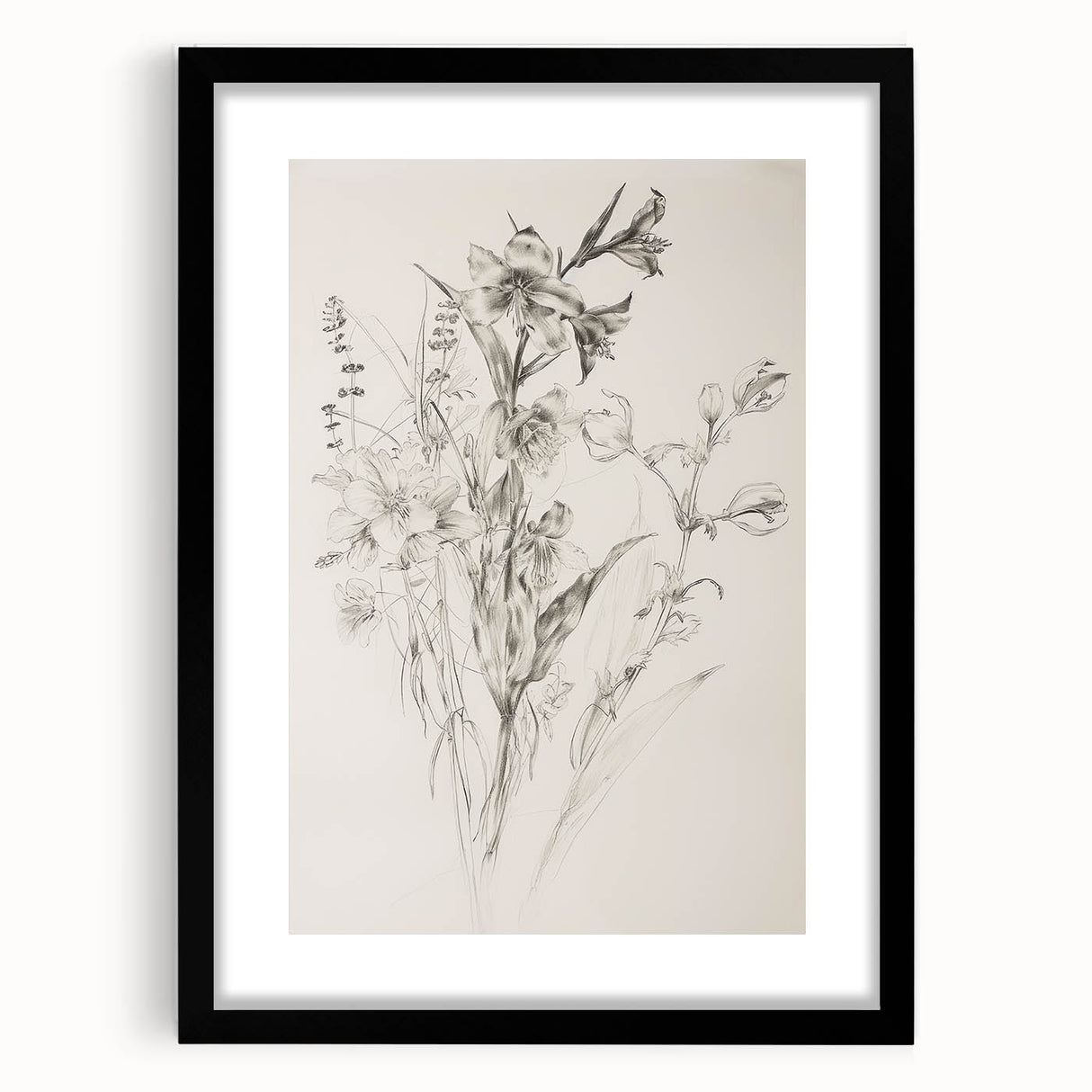 Elegant abstract floral frame in matte black, showcasing intricate designs and vivid colors, perfect for modern home decor or art display.