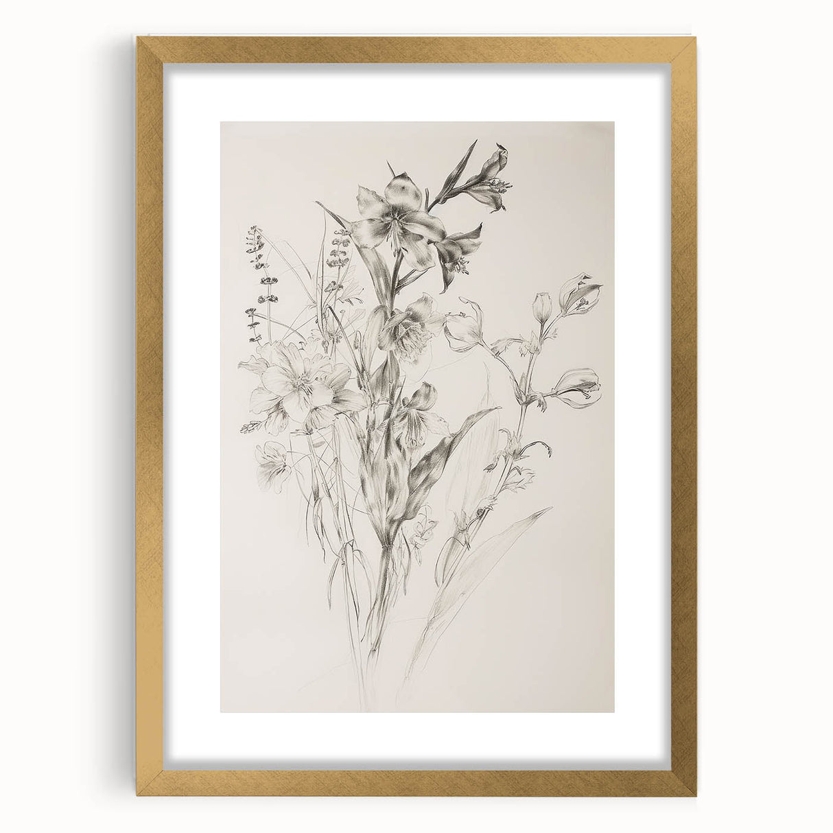 Abstract floral art frame showcasing vibrant colors and intricate designs, set in a stylish gold mat, ideal for enhancing modern home decor aesthetics.