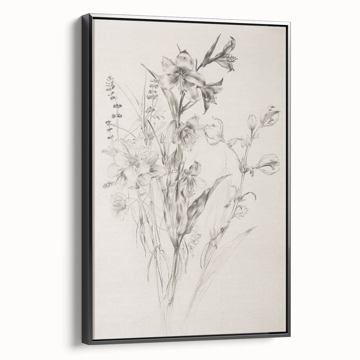 Abstract floral framed canvas artwork in a sleek black frame, showcasing vibrant colors and intricate patterns, ideal for modern home decor. This piece adds elegance and sophistication to any living space or office setting.