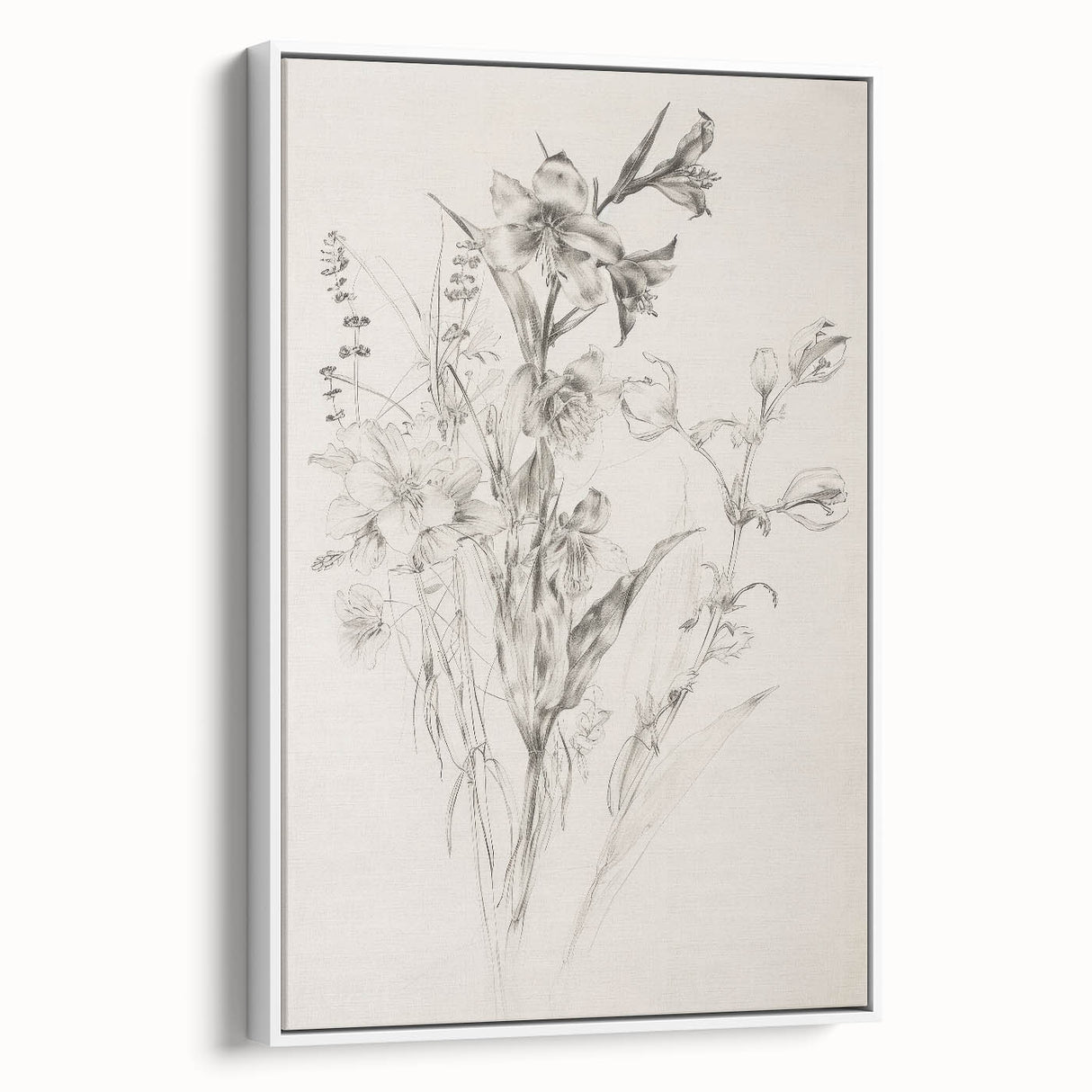 Framed canvas artwork showcasing abstract floral patterns in soft pastels, presented in a sleek white frame, ideal for modern home decor.