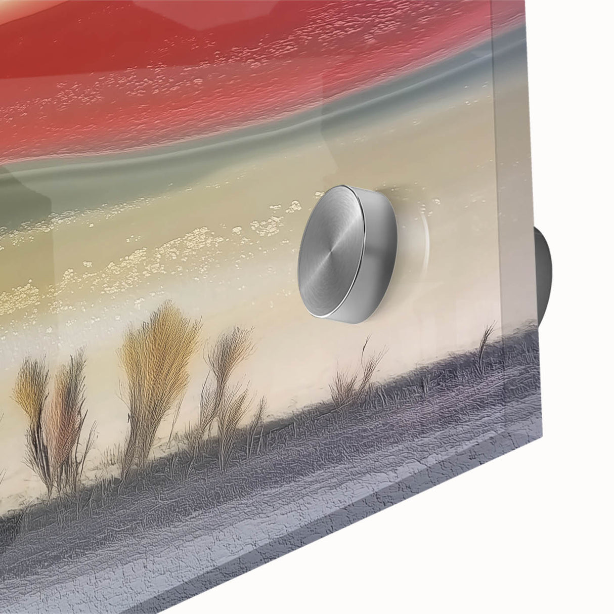 Close-up of an abstract landscape artwork printed on acrylic glass, showcasing vibrant colors and intricate textures. Ideal for modern home decor and artistic displays.