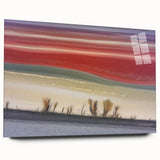 Abstract landscape acrylic artwork displayed in a sleek glass frame, showcasing vibrant colors and dynamic brush strokes, ideal for modern home decor or art enthusiasts.