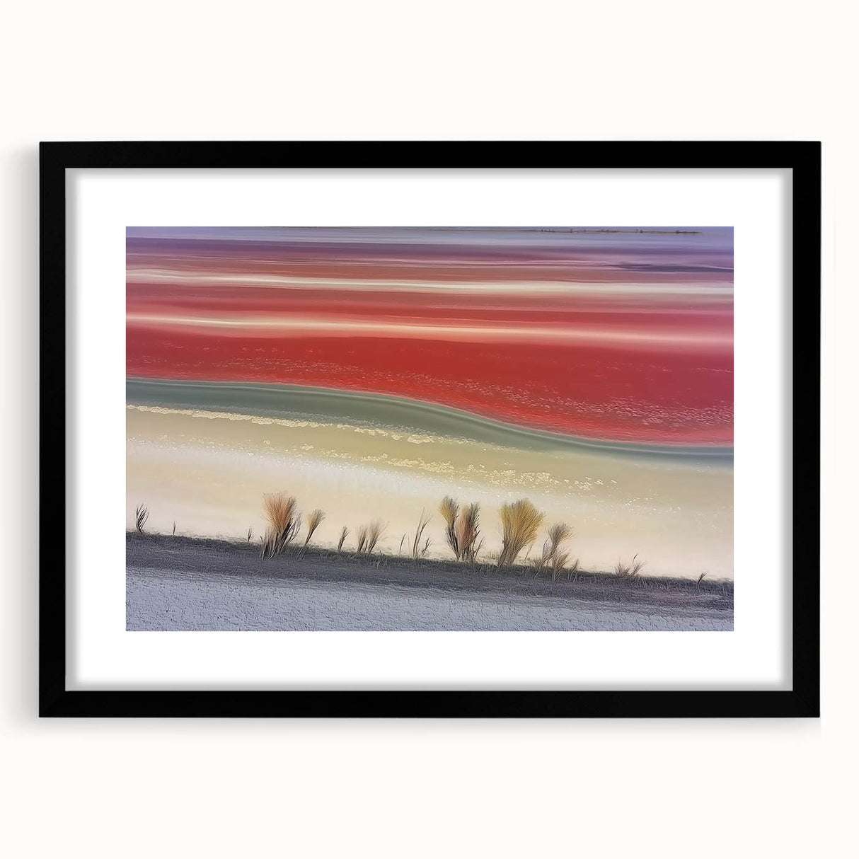 Abstract landscape artwork framed in sleek black, showcasing vibrant colors and intricate details, perfect for modern home decor. Ideal for enhancing living spaces.