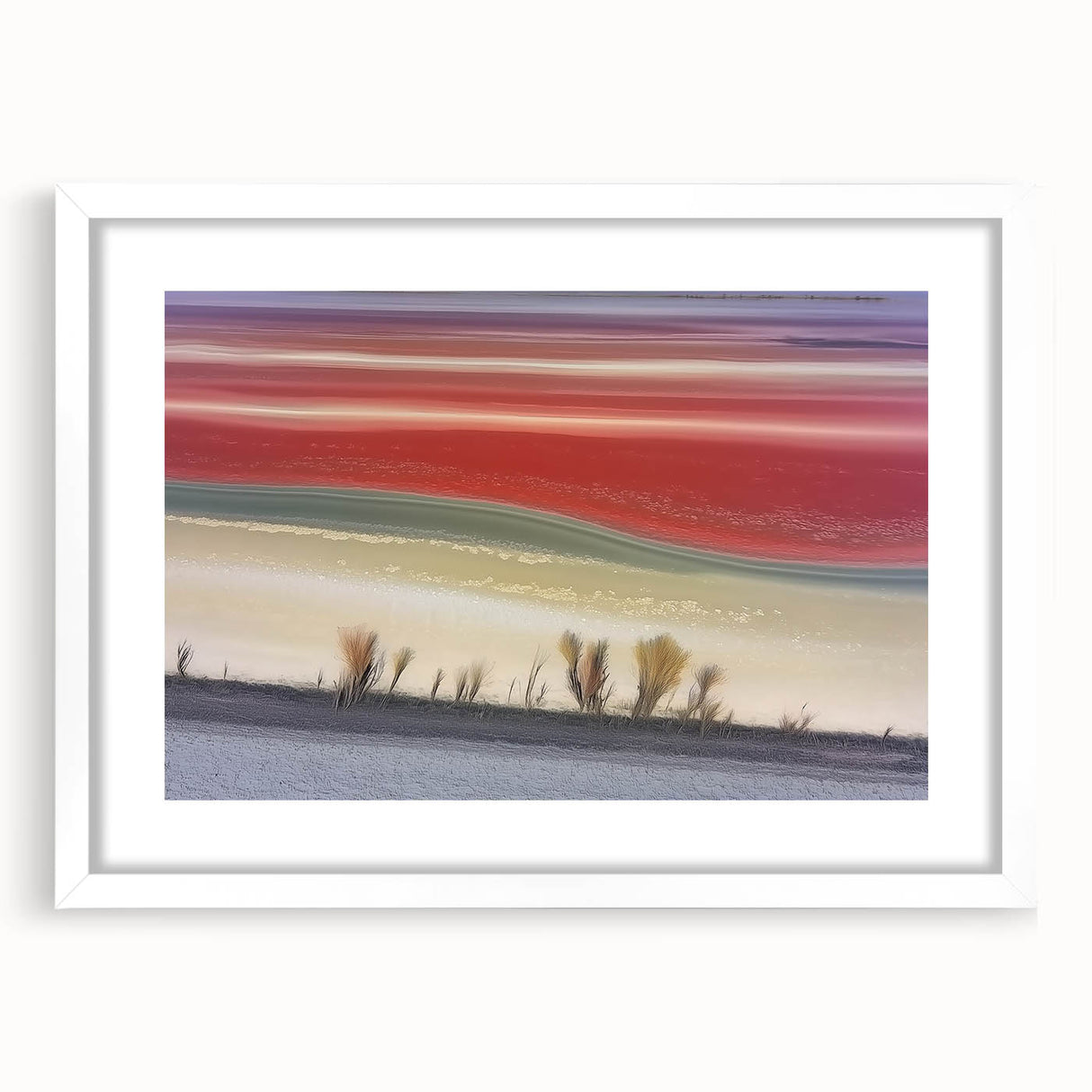 Abstract landscape artwork framed in white mat, showcasing vibrant colors and intricate textures, ideal for modern home decor or art collections.