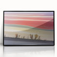Framed acrylic artwork showcasing an abstract landscape design with vibrant colors and geometric patterns, ideal for modern home decor.