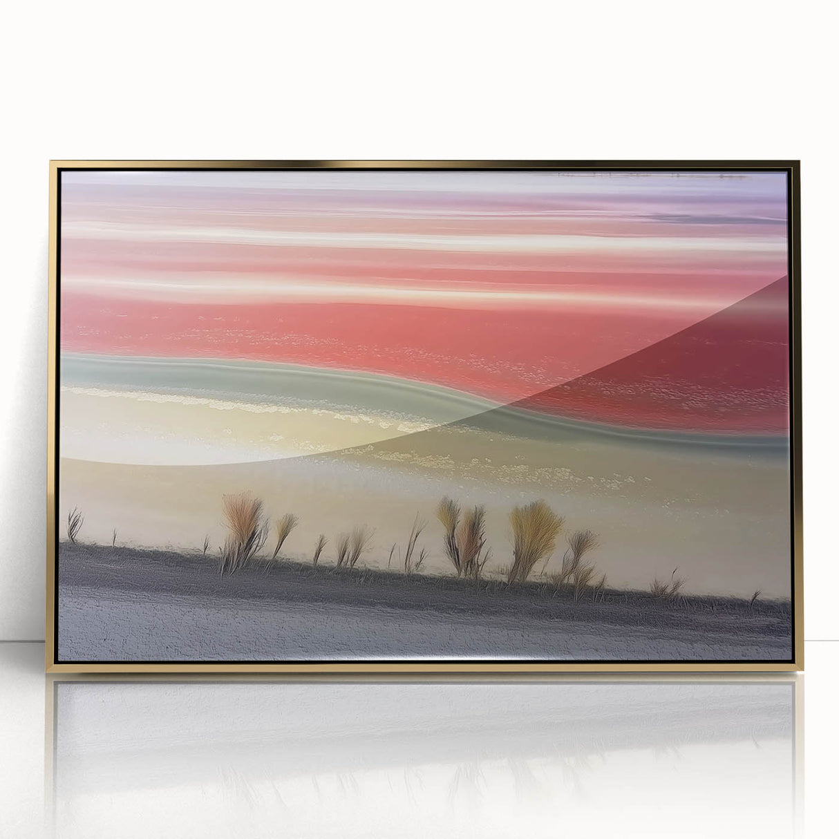Abstract landscape artwork in a gold-framed acrylic finish, showcasing vibrant hues of blue and green with intricate detailing, perfect for modern home decor.