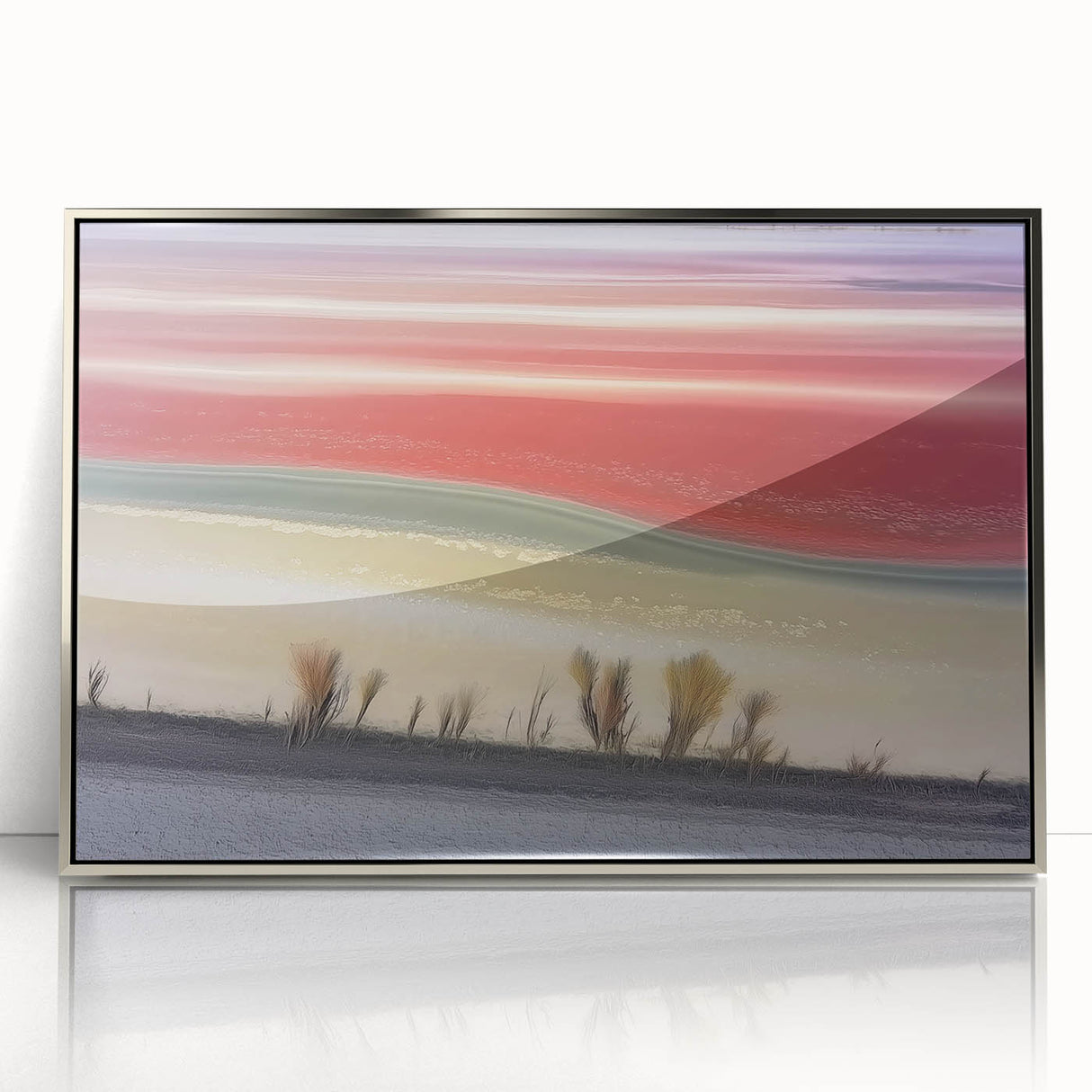 Framed acrylic artwork titled "Design 203," showcasing an abstract landscape in silver tones, perfect for modern home decor and interior design.