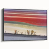 Abstract landscape framed canvas artwork showcasing a serene blend of earthy tones and gentle curves, viewed from the side. Perfect for modern home decor.
