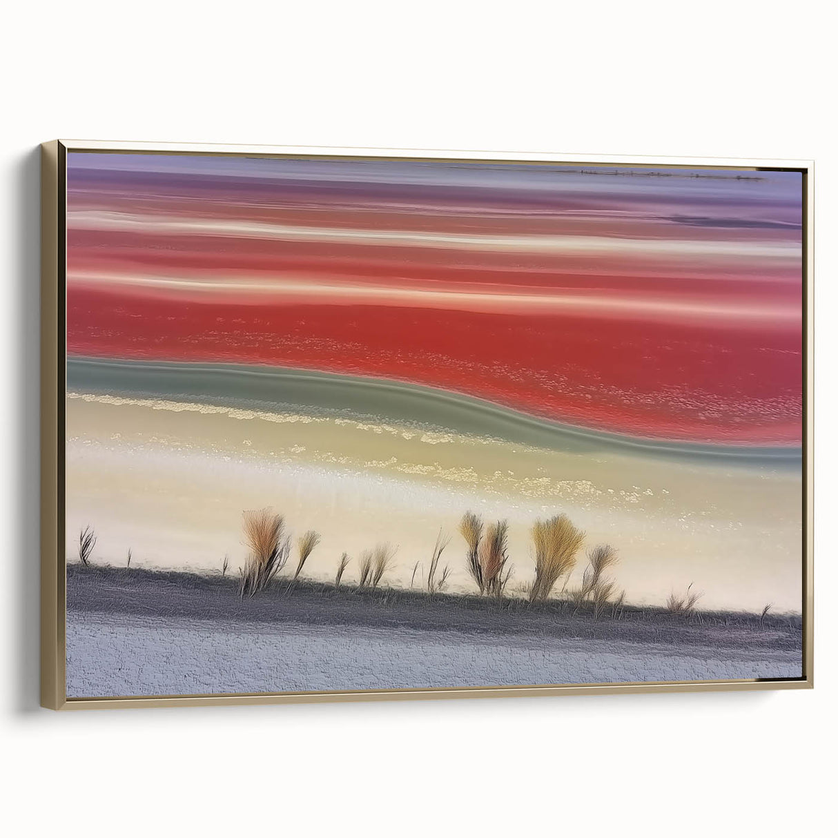 Framed abstract landscape canvas art with gold accents, showcasing an elegant side view. Ideal for modern home decor, adding a touch of sophistication.