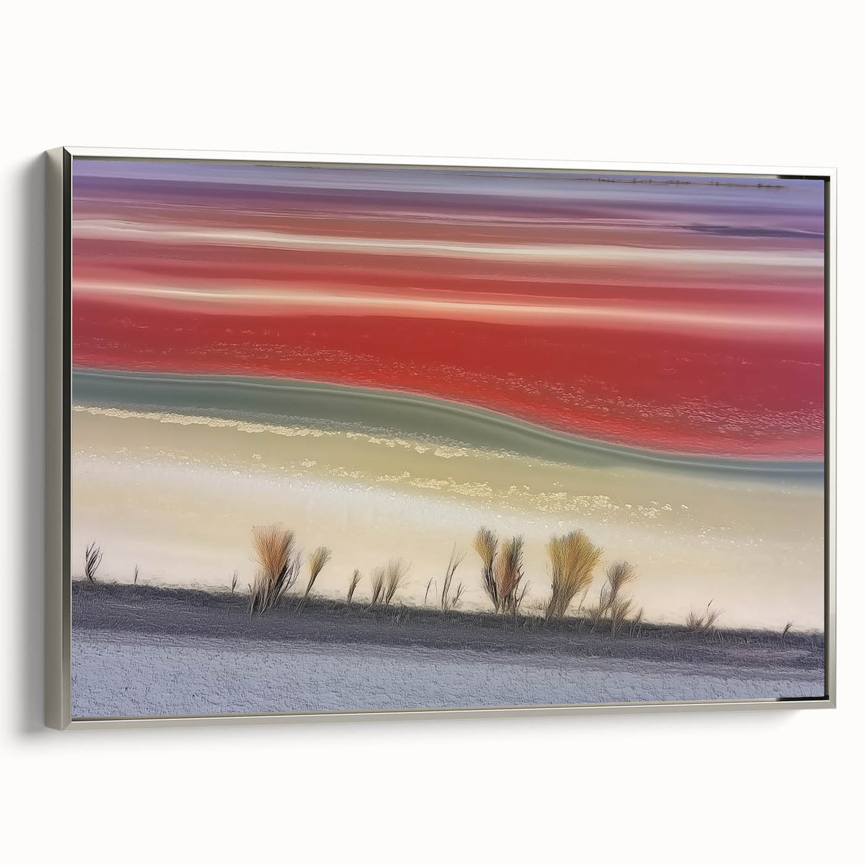 Framed canvas artwork titled "Abstract Landscape" showcasing a serene landscape in soft hues of blue and green, elegantly bordered with a silver frame, perfect for modern home decor.