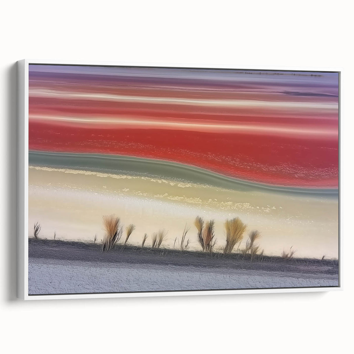 Framed canvas artwork showcasing an abstract landscape design with soft white tones, elegantly displayed from a side view, perfect for modern home decor.