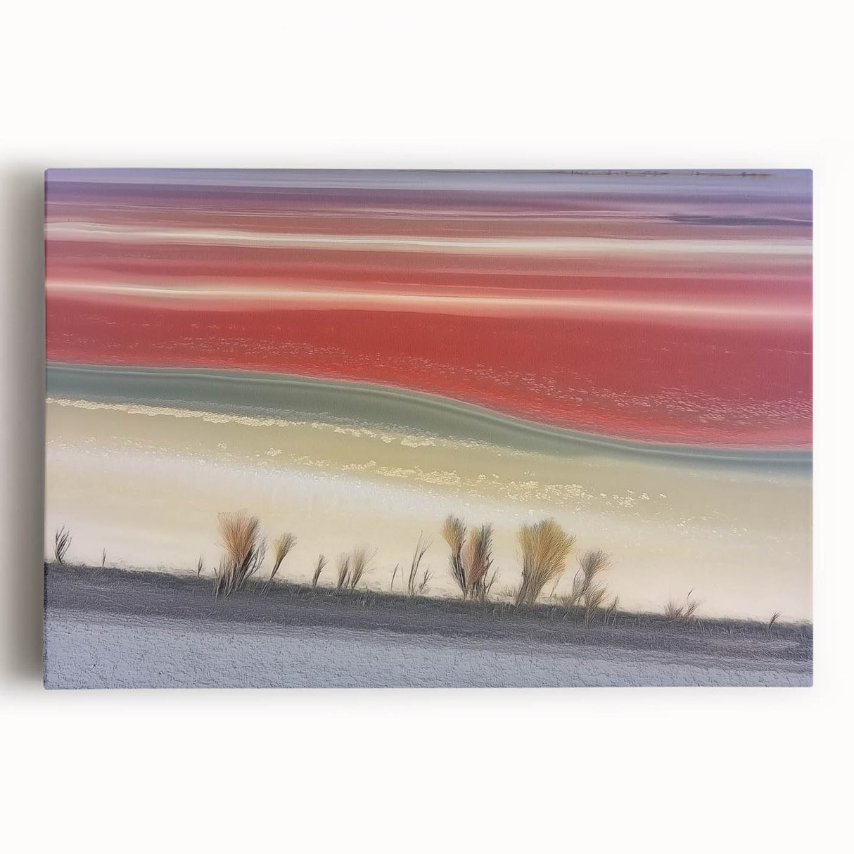 Abstract landscape stretched canvas art featuring vibrant hues of blue, green, and gold, showcasing a serene nature scene with soft brush strokes, ideal for modern home decor.