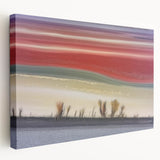 Abstract landscape canvas artwork showcasing vibrant colors and dynamic shapes, displayed in a side view to highlight its depth and texture. Perfect for modern home decor.