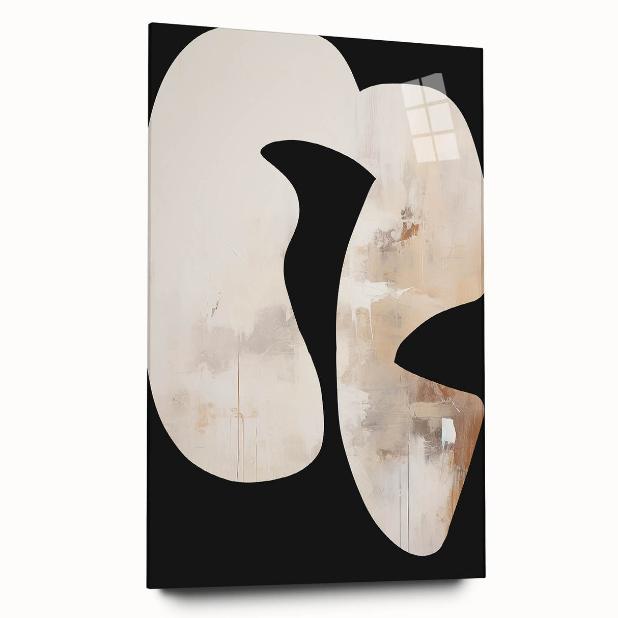 Abstract minimalist wall art piece displayed in an acrylic glass frame, showcasing soft pastel colors and geometric shapes, ideal for modern home decor.