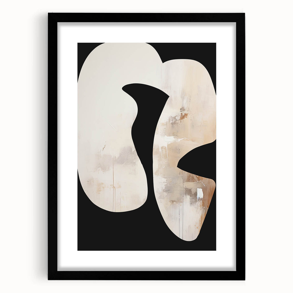 Abstract minimalist wall art framed with a black mat, showcasing geometric shapes and neutral tones, perfect for modern home decor.