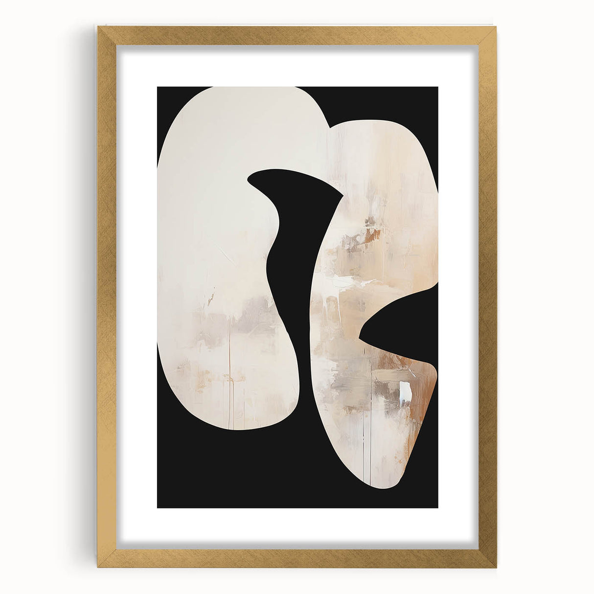Abstract minimalist wall art featuring a gold-framed design with a mat, showcasing elegant lines and shapes perfect for modern home decor. Ideal for enhancing contemporary interiors.