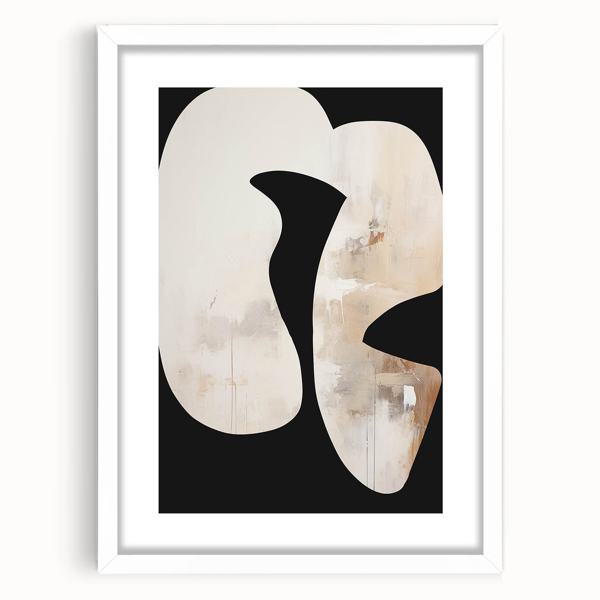 Abstract minimalist wall art framed in white with a mat, showcasing geometric shapes and soft color palette, perfect for modern home decor.