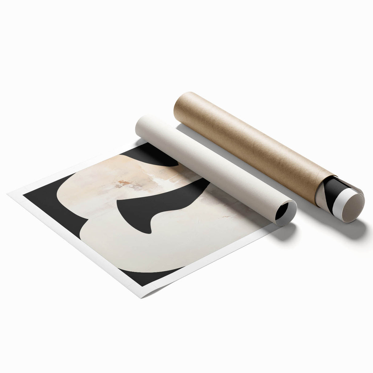 Abstract minimalist wall art print showcasing soft pastel colors and geometric shapes, elegantly rolled for shipping in a protective cardboard tube. Ideal for modern decor.