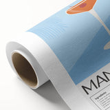 Art deco poster of food and drinks on rolled canvas, with pastel shades, ideal for nursery wall art or dining room decor.