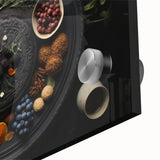 Large abstract wall art featuring assorted fruits in vibrant colors on acrylic glass, ideal for dining room decor.