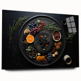 Large abstract wall art featuring assorted fruits in bright colors on acrylic glass, ideal for bedroom or dining room decor.